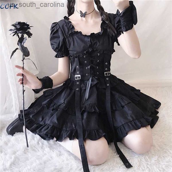 

anime lolita mini dress harajuku punk gothic dark aesthetic dresses egirl fairy grunge streetwear mall goth clothes l230522, Black;gray
