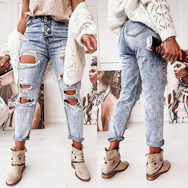 

jeans women's jeans casual straight washing hole mid rise jeans women, Blue