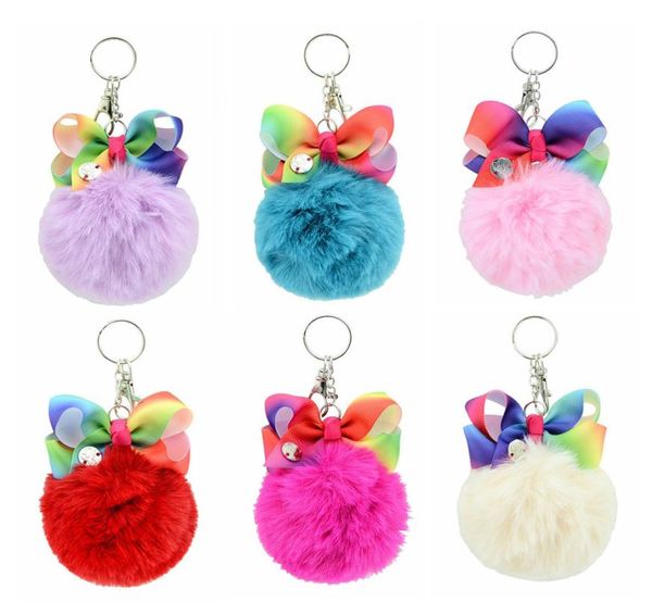 

fluffy ball rainbow colored bow key chain 8cm cute plush keychain bag charm ball fur key chain for car key ring5989226, Silver