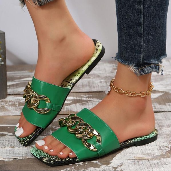

plus size flat slippers for women outdoor leisure sandals fashion gold chains colorful slides, Black