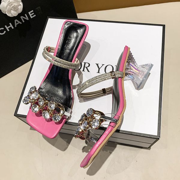 

rhinestone sandals womens thick heel girlish wind 2023 new summer fashion square head with two designer luxury fashion slippers, Black