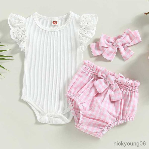 

clothing sets newborn infant baby girl clothes suits solid color fly sleeve crew neck romper plaid elastic waist shorts bow headband 3pcs se, White
