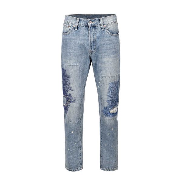 

american men's designer heavy industry electric embroidery burnt flower burnt out washed old pants men's trendy brand, Blue