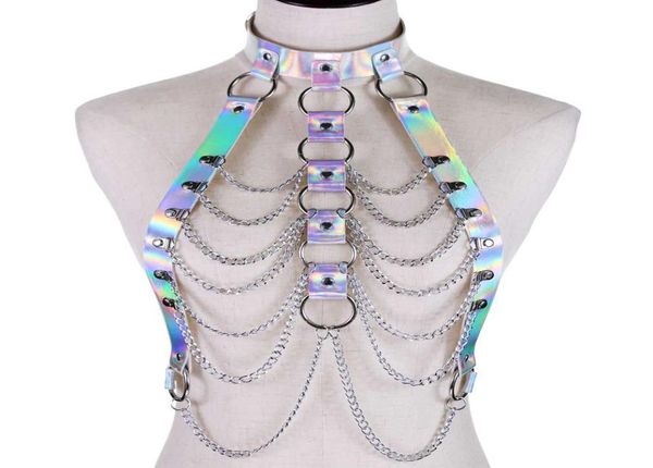 

choker necklace punk goth bondage lingerie harajuku ladies leather short sling chain fashion laser adjustable chest strap bel9015532, Golden;silver