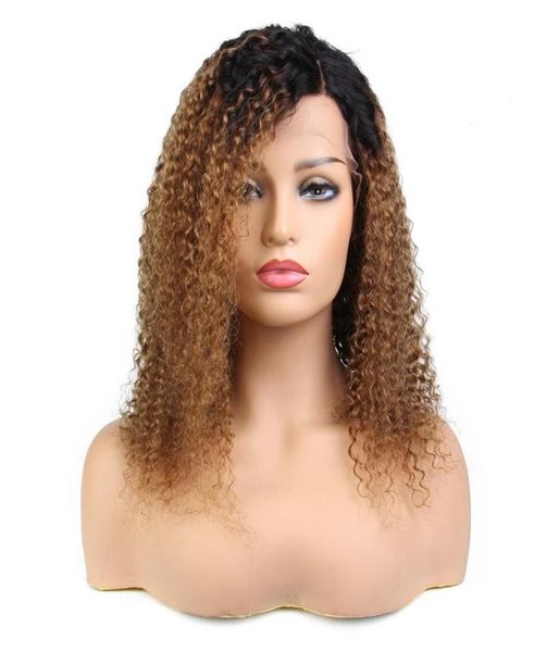 

glueless fullfront lace wigs brazilian hair ombre color long human hair raw remy new kinky curly9841879, Black;brown