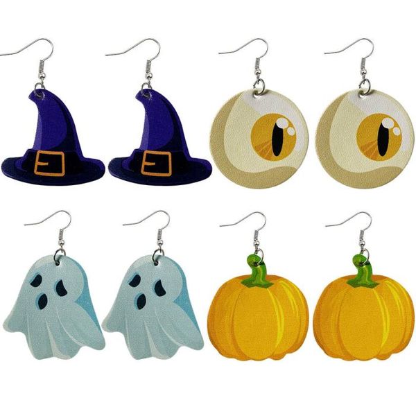 

2020 new halloween leather earrings for women water drop pumpkin ghost hand hat skull bat lantern doublesided printed dangle earr7054455, Silver