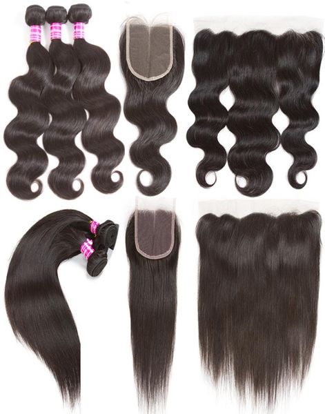 

brazilian virgin human hair bundle lace closure body wave hair weave bundles and 4x4 or 13x4 frontal closure remy hair extensions 7043392, Black