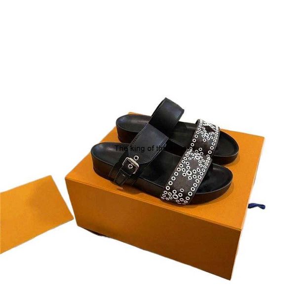 

2022 women sandal summer slippers slide bom dia flat mule 1a3r5m cool effortlessly stylish slides 2 straps with adjusted gold buckles sandal, Black