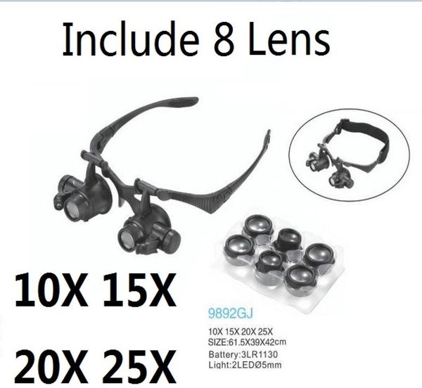 

magnifying glass 10x 15x 20x 25x eye jewelry watch repair magnifier glasses with 2 led lights and 8 lens new loupe microscope6584275