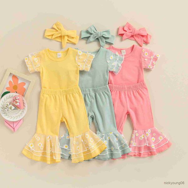 

clothing sets baby girl clothes set cotton infant toddler girls floral short sleeve romper flare pants headband 3pcs summer sets, White