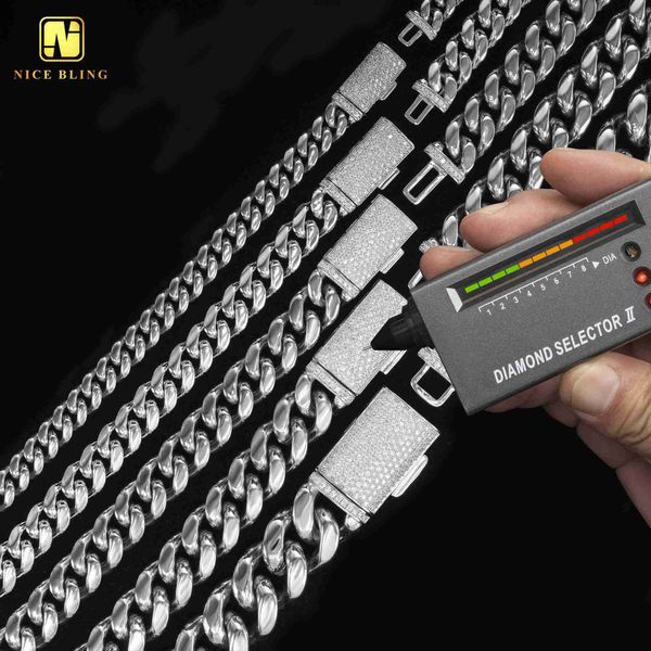 

hip hop iced out moissanite diamond clasp 8mm 10mm 12mm 14mm 18mm stainless steel pvd gold plated miami cuban link chain, Silver