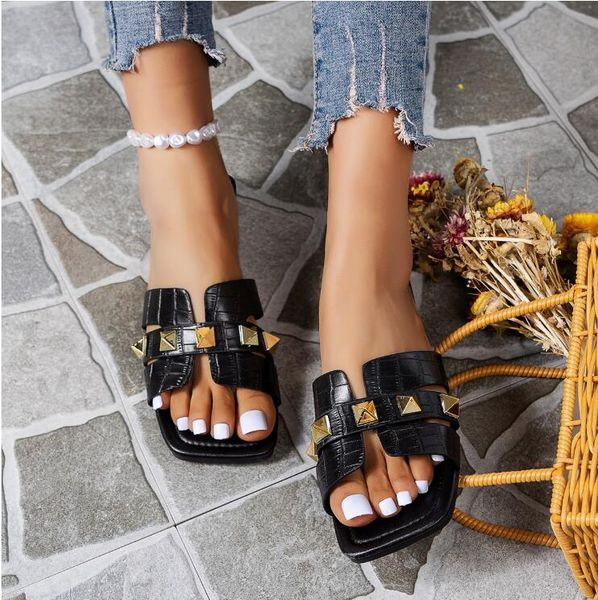 

2023 rivets sipper sandals for women outdoor flat heel summer leisure slides fashion square toe flats shoes, Black