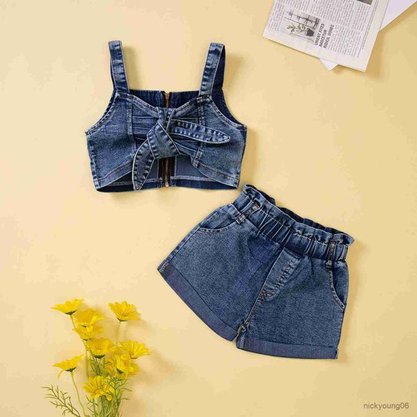 

clothing sets girl set sling plain tie-up zip-up crop camisole and ruffle short denim pants girls summer fashion outfits suit, White