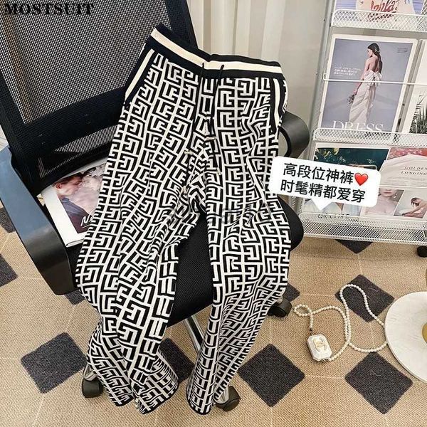 

women's pants capris high waisted jacquard knitted wide leg pants women chic vintage fashion full-length trousers casual loose straight, Black;white