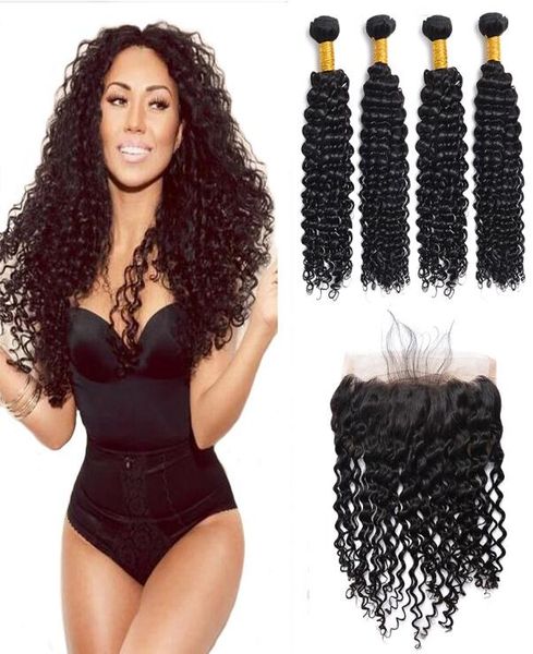 

brazilian human hair with lace frontal closure 13x4 deep wave curly full lace frontal bleached knots with human hair weave bundles8462752, Black;brown