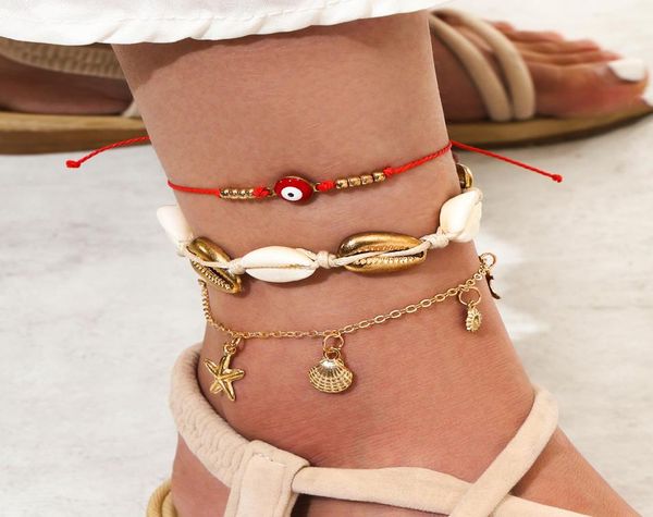 

women anklets chains 4pcs set starfish shell handmade braided tassel bohemian beach anklets foot chains bracelet ankle chain foot 2824778, Red;blue