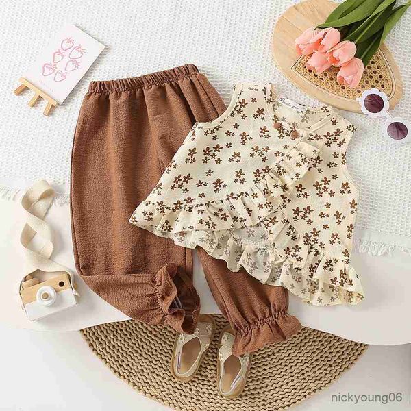 

clothing sets kids girls floral vest sleeveless tank and pants suits 2023 summer children's clothing baby leisure two-piece sets, White