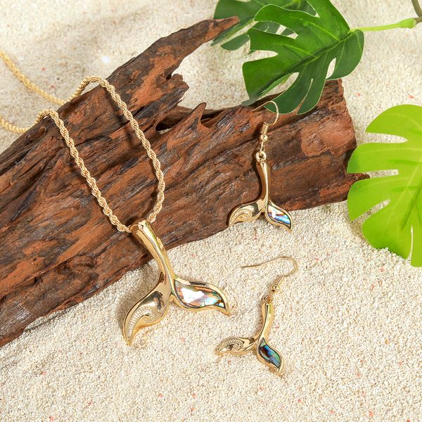 

hawaiian hamilton gold abalone alloy mermaid tail necklace earrings jewelry set with shell pearl polynesian island jewellery, Silver