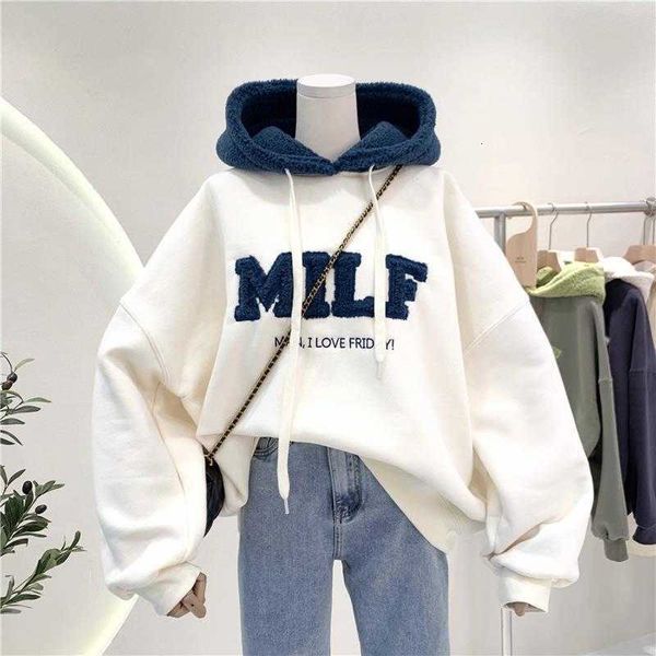 

lamb letter stitching hair and velvet bf wind hooded sweater sweatshirts womens oversized hoodies, Black