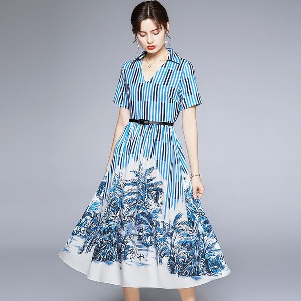 

2023 summer european station fashion women's floral print dress - short sleeve, v-neck, a-line silhouette - casual & elegant - mid-calf, Black;gray