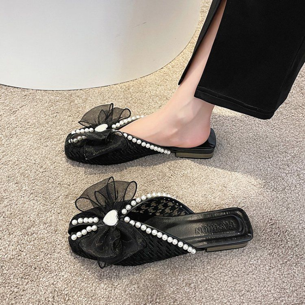 

baotou half slippers womens summer outing wear fashion 2023 new bow flat skirt lazy mueller shoes fashion comfortable flats, Black