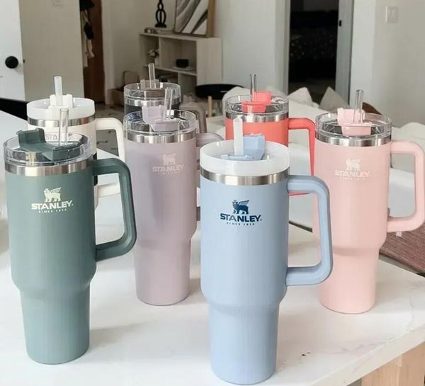 

ready to ship stanley 40oz pink tumblers cups mugs with handle insulated tumblers lids straw stainless steel coffee thermos cup with logo gj