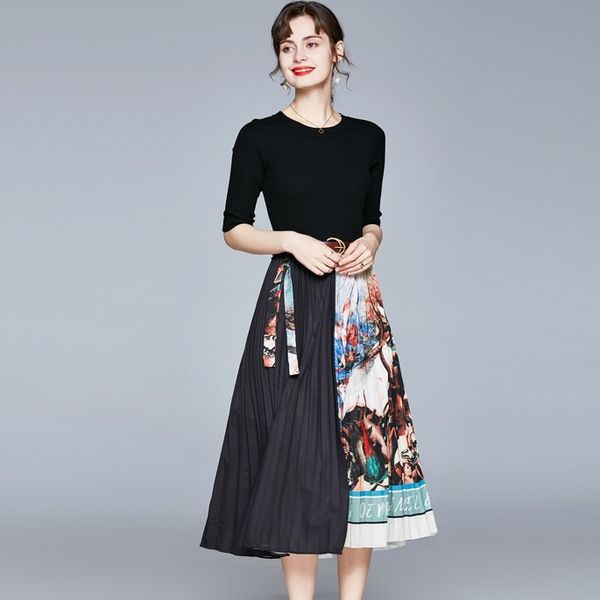 

fashion women's knitted print dress - basic & casual dresses - spring collection - mid sleeve, crew neck - patchwork pattern - a-line,, Black;gray