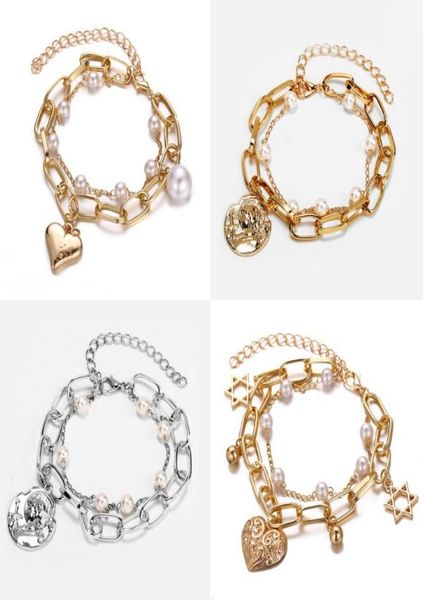 

creative pearl love hearts doublelayer charm pendant bracelet carving gold silver bead chain friendship bracelet anklet jewelry g9630984, Golden;silver