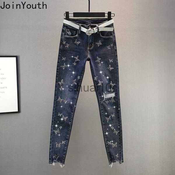 

women's jeans high waisted jeans women slim fit fashion pencil pants chic diamond ripped trousers streetwear pantn femme 2023 new botto, Blue