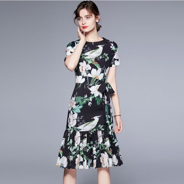 

2023 summer european fashion women's short sleeve lace print dress, casual a-line style with lotus leaf skirt, ideal for pool parties,, Black;gray