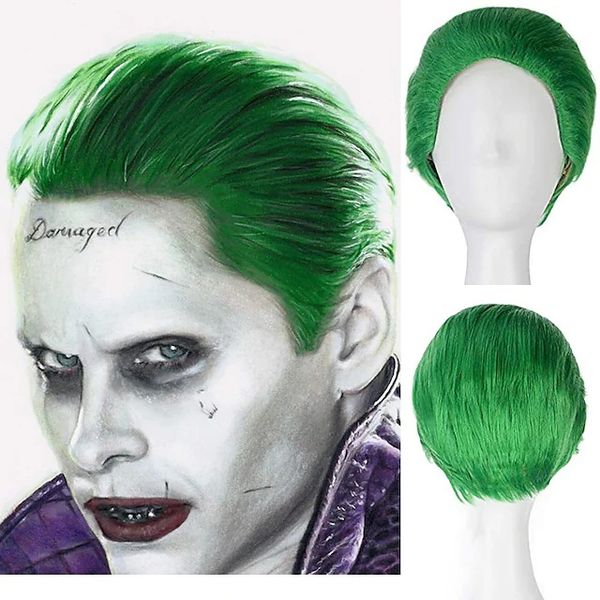 

jared leto joker cosplay wig woodfestival green short curly synthetic hair halloween party men, Black