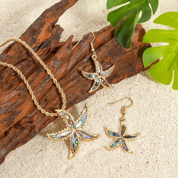 

hawaiian hamilton gold abalone alloy luxurious starfish necklace earrings jewelry set with shell pearl polynesian island jewellery, Silver