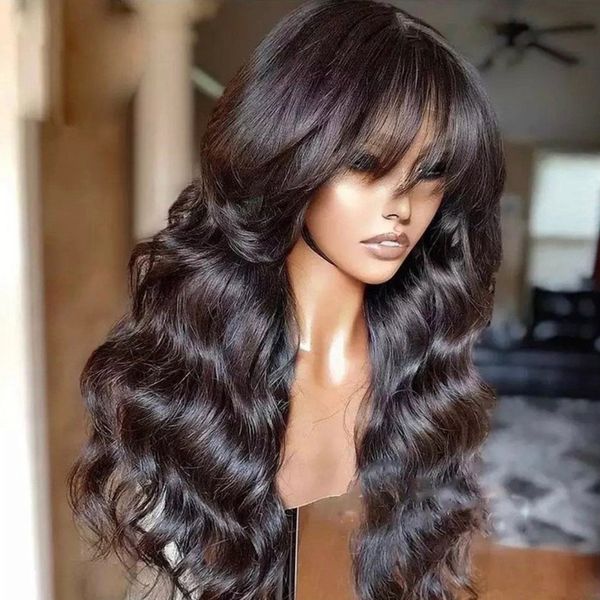 

26 inch body wave human with bangs glueless full machine wigs long fringe hair wigs hair wigs clearance, Black;brown