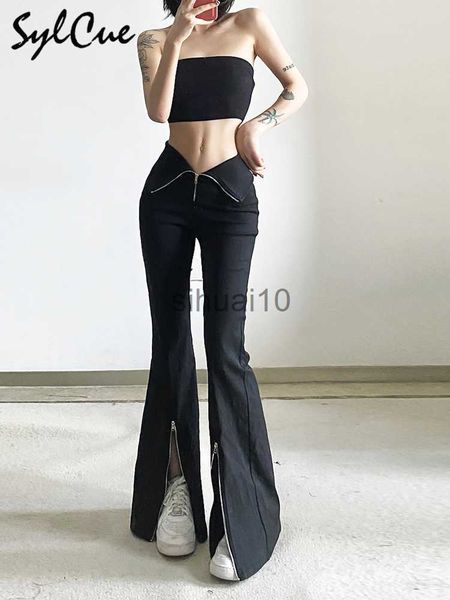 

women's pants capris sylcue black slim stretch versatile commuter classic high waist simple split young women's zipper flared trou, Black;white
