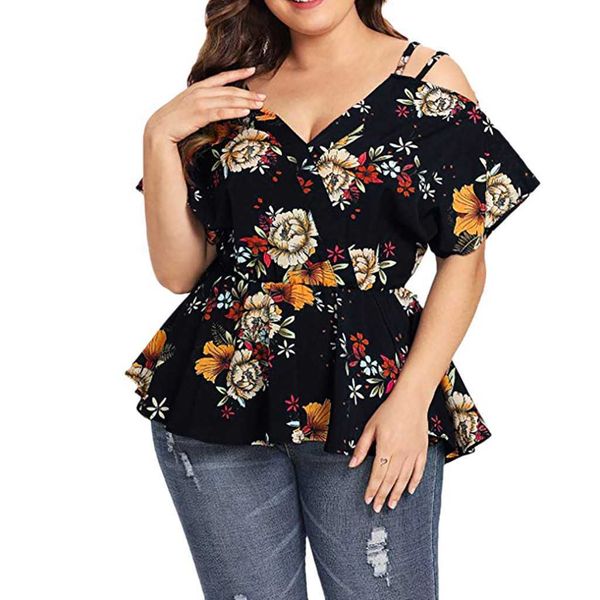 

plus size short sleeve shirt cold shoulder floral peplum blouse, White