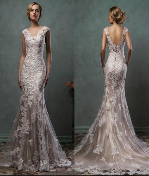 

vintage designer full lace wedding dress appliques mermaid bridal gowns 2021 vneck chapel train plus size bridal lady party gowns5623317, White