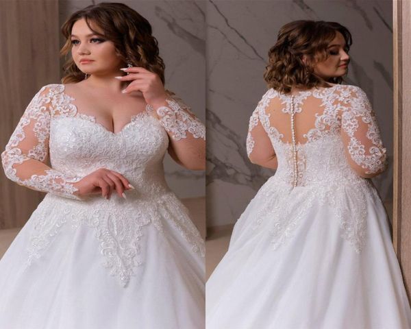 

2021 plus size bohemian wedding dresses v neck appliqued long sleeves lace bridal gown ruffle sweep train custom made abiti da spo2498406, White