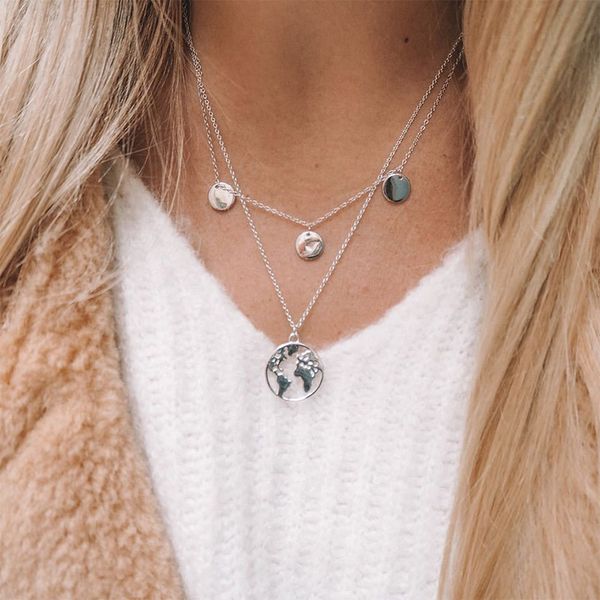 

designer nacklace fashion simple double-layer disc world map pendant necklace set pendant personality necklace valentine's day jewlery, Silver