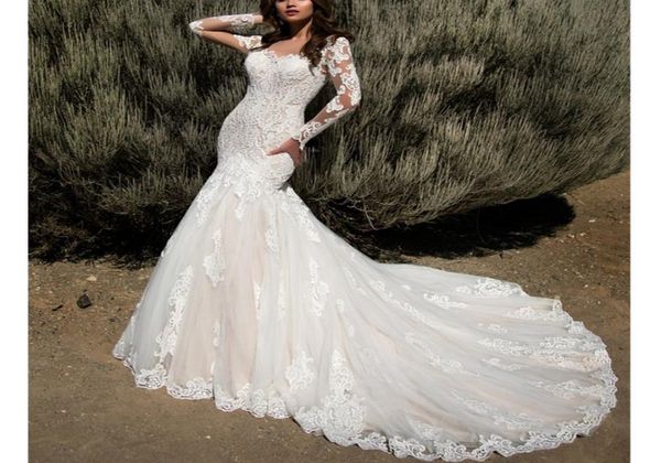 

luxurious mermaid bridal gowns long sleeves wedding dresses scoop neck tiered ruffles chapel train robe de soiree3675441, White