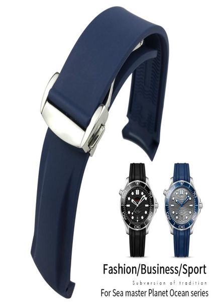 

20mm 21mm 22mm curved end rubber silicone watch band for omega sea master planetocean stainless steel deployment buckle waterproo2868393, Black;brown