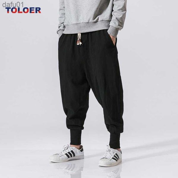 

2023 new baggy drop-crotch pants casual trousers men cotton linen harem pants solid elastic waist streetwear hip hop joggers l230520, Black