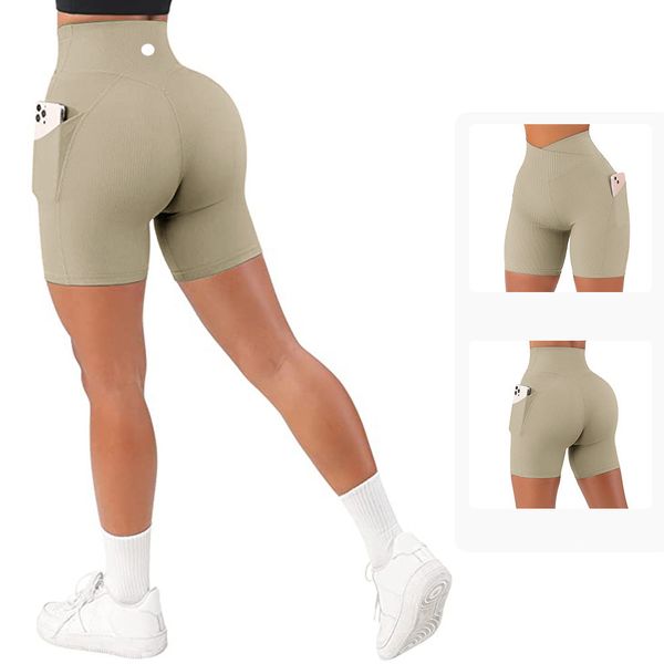 

ll yoga shorts ribber women's sports cross waist pants with pockets running fitness stretchy gym underwear workout short leggings a1005