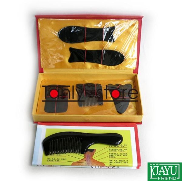 

100 buffalo horn traditional acupuncture massager tool paper box gua sha beauty kit 5pcsset 1pcs guasha chart 1pcs comb9610416