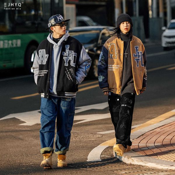 

autumn and winter guochao baseball suit cotton padded jacket male hip hop loose american street leisure thickened couple female s98m, Gray