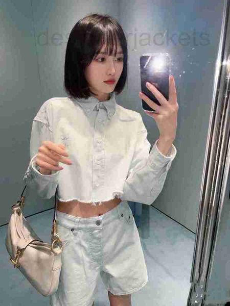 

women's blouses & shirts designer new raw edge wash blue white denim embroidery letter lapel loose long sleeve short shirt for women os