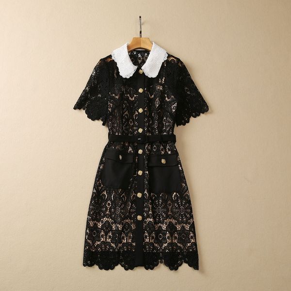 

european and american women's clothes 2023 summer new doll collar short sleeves belt hollowed out water soluble flower dress, Black;gray