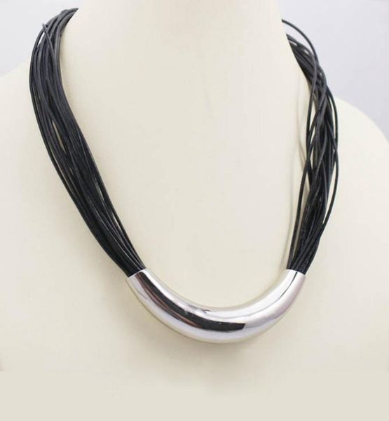 

new fashion genuine leather women necklace with big stainless steel plain tube chokers necklaces gifts for valen7355524, Silver