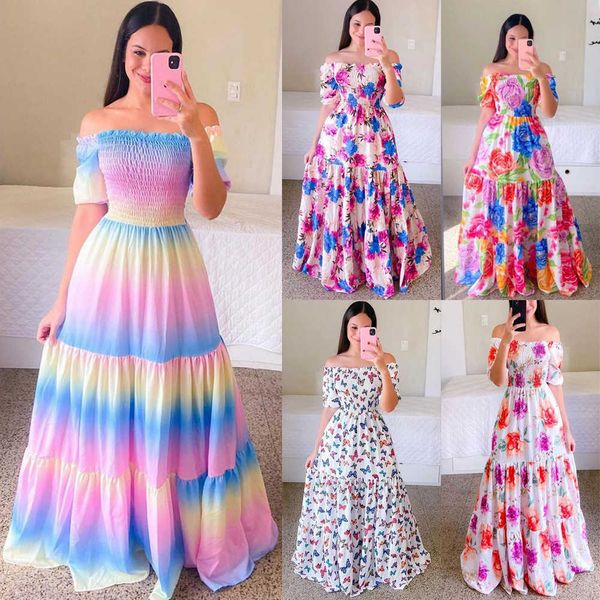 

new spring/summer women's dress one shoulder flower fashion off shoulder long print dress, Black;gray
