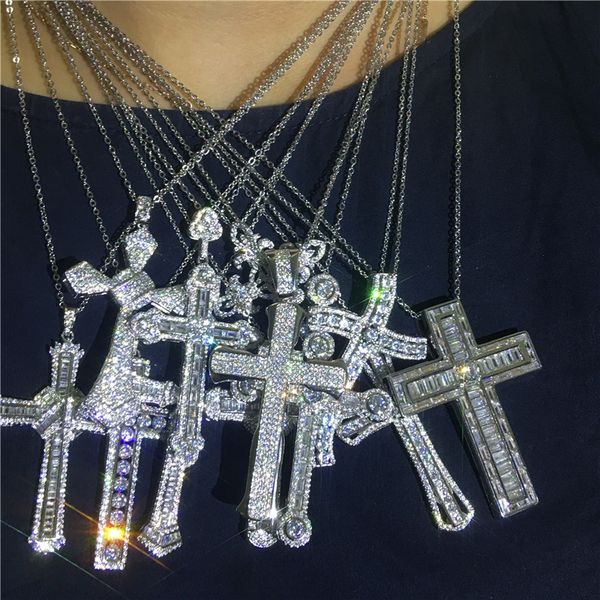 

vecalon handmade hiphop big cross pendant 925 sterling silver cz stone vintage pendant necklace for women men wedding jewelry