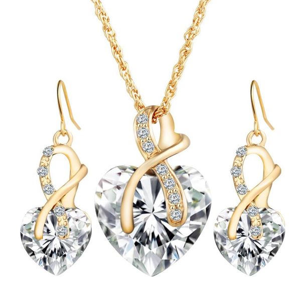 

wedding dinner crystal earrings necklace heartshaped austrian crystal zircon jewelry set simple temperament necklace party jewelr9562817, Silver